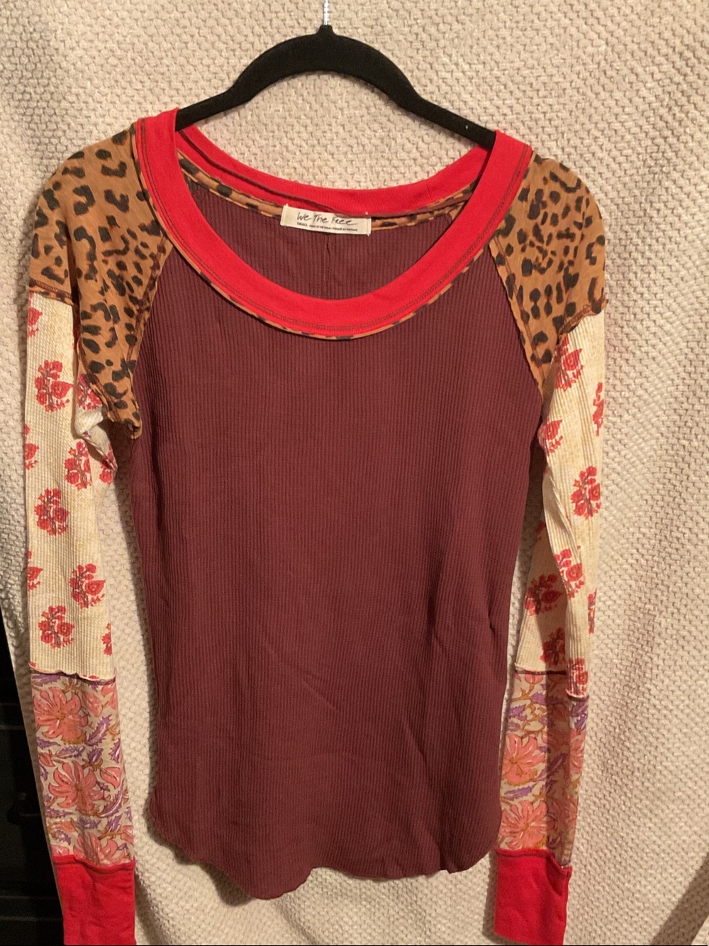 We The Free Maroon Ribbed Patchwork Long Sleeve Top with Red Trim
